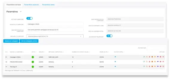 Interface de supervision digiCONTACTS : campagnes d'appels