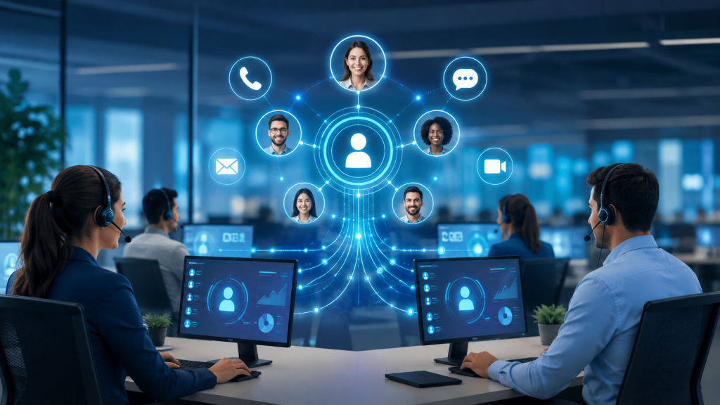 Illustration d’un centre de contact connecté à un CRM avec agents, profils clients et canaux de communication synchronisés
