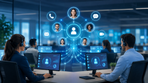 Illustration d’un centre de contact connecté à un CRM avec agents, profils clients et canaux de communication synchronisés