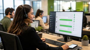 Conseillère équipée d’un casque répondant aux messages clients depuis une interface de messagerie professionnelle