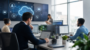 Équipe de centre de contact utilisant une plateforme cloud pour gérer les interactions clients depuis plusieurs postes